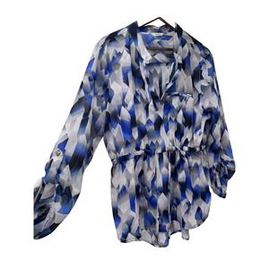 Dalin Plus 2X‎ White Blue Black Sheer Tunic Geometric 3/4th sleeve tie waist
